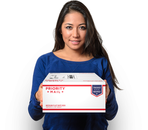Woman holding Priority Mail box